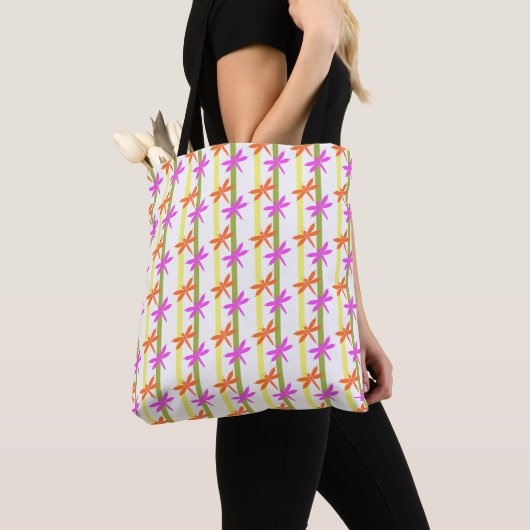 Tote Bag Colorful Dragonfly Pattern Bright Summer Stripe  (De près)