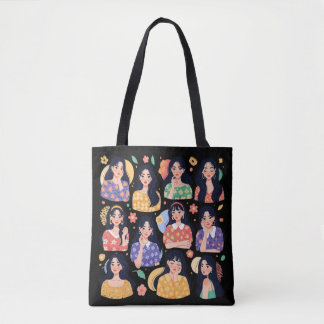 Tote Bag Colorful Folk Art Aesthetic Women Portraits 