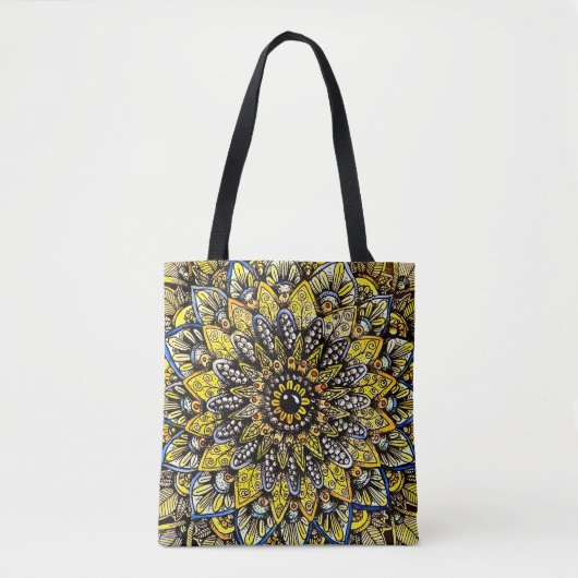 Tote Bag Conception de mandala dessinée à la main jaune ver (Devant)