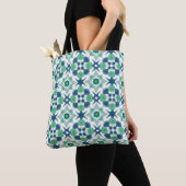 Tote Bag Conception géométrique en vert et bleu (De près)