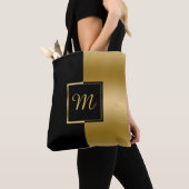 Tote Bag Conception géométrique inverse Noir & Or (De près)