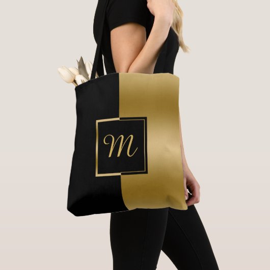 Tote Bag Conception géométrique inverse Noir & Or (De près)