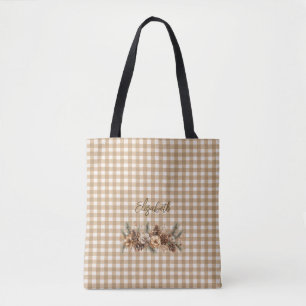 Tote Bag Cônes de pin automnaux rustiques Gingham marron Pe