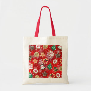 Tote Bag Cookies de Noël et flocons de neige sur fond rouge