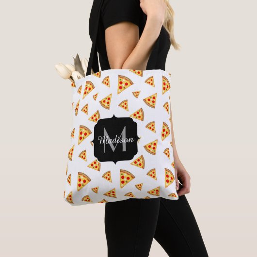 Tote Bag Cool et fun pizza tranches motif Monogram blanc (De près)