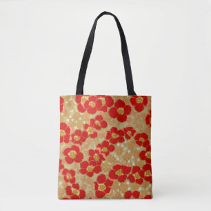 Tote Bag Copie florale d'or rouge japonais vintage partout
