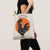 Tote Bag Coq comique avec soleil orange (De près)