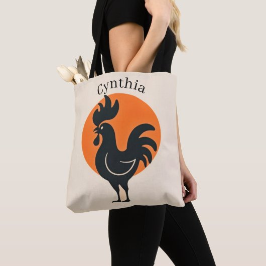 Tote Bag Coq comique avec soleil orange (De près)