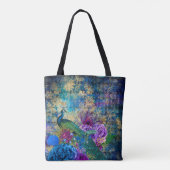 Tote Bag Coq couronné sur la flore violette bleue (Dos)