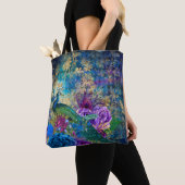 Tote Bag Coq couronné sur la flore violette bleue (De près)