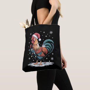 Tote Bag Coq de Noël Chapeau de Père Noël Poulet Lumières F