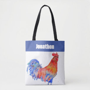 Tote Bag Coq Poulet Oiseau Enfants Garçons Nom Bleu Rouge