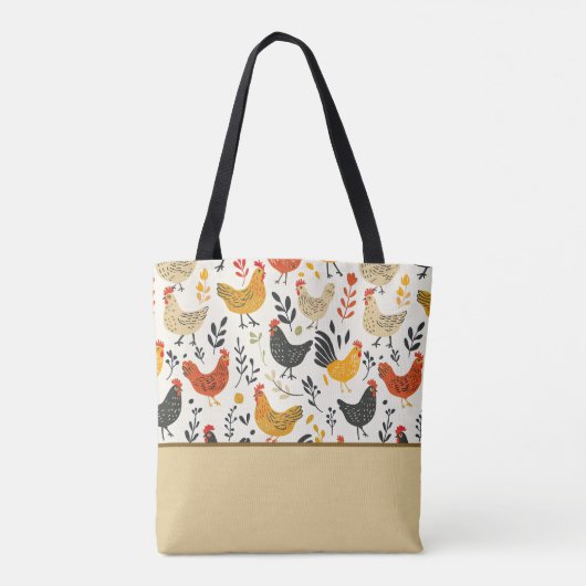 Tote Bag Coqs et poulets Style Doodé Bloc de couleur (Dos)