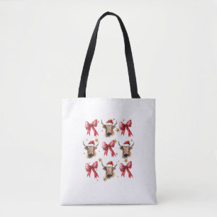 Tote Bag Coquette Bow Noël Highland Cow Père Noël Cute Xma