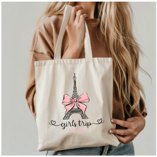 Tote Bag Coquette Voyage de fille Tour Eiffel & Bow rose Pe
