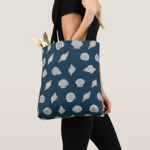 Tote Bag Coquillages de style côtier bleu et blanc