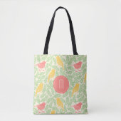 Tote Bag Corail et doré Oiseaux de printemps Monogramme (Devant)
