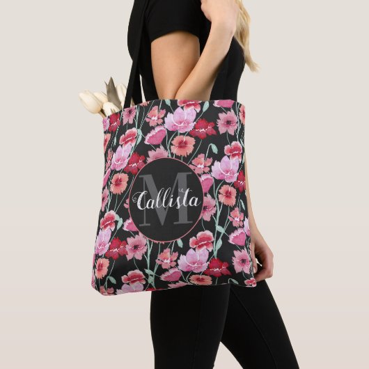 Tote Bag Corail rouge rose noir Fleurs d'aquarelle Monogram (De près)