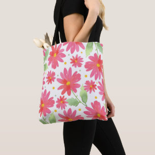 Tote Bag Coral rose aquarelle Motif marguerite