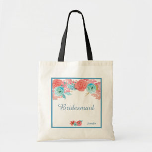 Tote Bag Coral rose et Aqua Mariage Floral