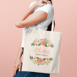 Tote Bag Coral rose Floral verdure Mariage Bridesmaid<br><div class="desc">Sac fourre-tout floral blanc design personnalisé dispose d'une couronne de belles fleurs d'aquarelle et de verdure] qui encadre un nom monogramme personnalisé dans un script moderne rose acajou, avec texte personnalisé gris foncé avec leur titre de fête nuptiale. Les couleurs comprennent le rose vif, le corail orange, le jaune et...</div>