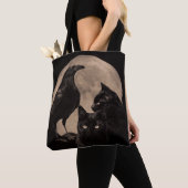 Tote Bag Corbeau gothique, chats noirs et lune (De près)