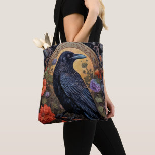 Tote Bag Corbeau noir avec fleurs Design gothique