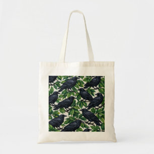 Tote Bag Corbeau noir et motif de bois vert