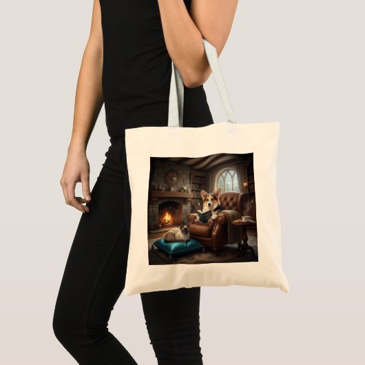 Tote Bag Corgi lit à un chat (Devant (produit))