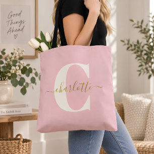 Tote Bag Cortège Nuptial Rose Pâle Or Monogramme Prénom