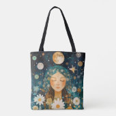 Tote Bag Cosmic Girl Boho Moon & Daisy Illustration Custom (Dos)