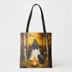Tote Bag Cosy Halloween Ghost & Black Cat Campfire Art