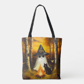 Tote Bag Cosy Halloween Ghost & Black Cat Campfire Art (Dos)