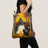 Tote Bag Cosy Halloween Ghost & Black Cat Campfire Art (De près)