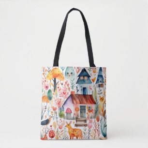 Tote Bag Cottage noyau floral de campagne animaux maisons