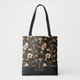 Tote Bag Cottagecore Champignons et fleurs avec nom
