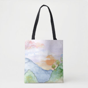 Tote Bag Coucher de soleil aquarelle sur montagnes et arbre