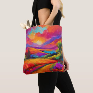 Tote Bag Coucher de soleil de montagne coloré peinture pays