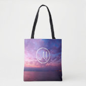 Tote Bag Coucher de soleil rose violet océan photo monogram (Devant)