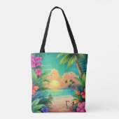 Tote Bag Coucher de soleil tropical avec des fleurs d'Hibis (Dos)
