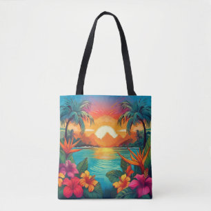 Tote Bag Coucher de soleil tropical vif avec palmiers et fl