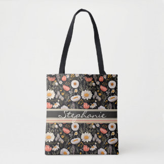 Tote Bag Couleur orange et blanc, motifs floraux audacieux