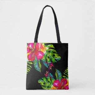Tote Bag Couleur Vif Fleurs Tropicales Feuilles d'Hibiscus