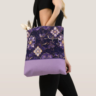 Tote Bag Couleur violet foncé Floral et Faux Gold Bloc