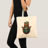 Tote Bag Couleurs de paon Hamsa avec troisième œil doré (Devant (produit))