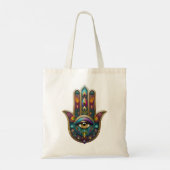 Tote Bag Couleurs de paon Hamsa avec troisième œil doré (Dos)