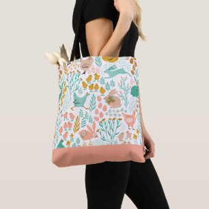 Tote Bag Couleurs pastel Pâques Poulets Fleurs Motif