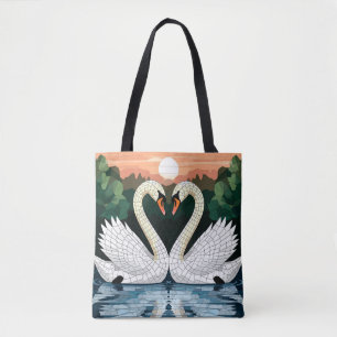 Tote Bag Couple de cygnes en mosaïque formant une forme de