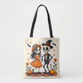 Tote Bag Couple de squelette d'Halloween mignon en orange (Devant)