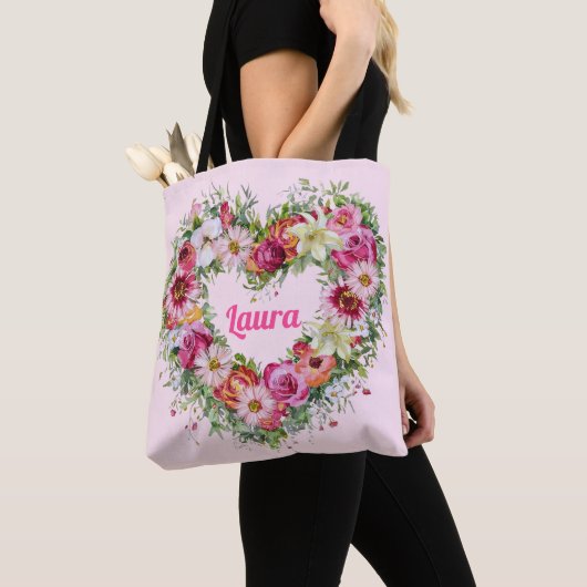 Tote Bag Couronne de coeur florale personnalisée (De près)